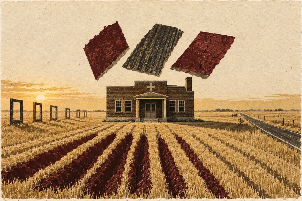 Illustration representing rural hospitals report themes, showing a small brick clinic with a cross above its door in a golden field, with three large textured slabs floating overhead and empty frames lining the horizon.