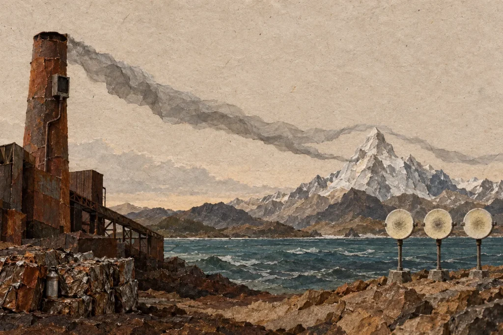 Illustration representing the Algeciras cesium-137 release, showing a rusted industrial smokestack and scrap blocks beside a choppy sea, with a gray smoke plume drifting toward snowy mountains and three round sensor-like discs on posts.