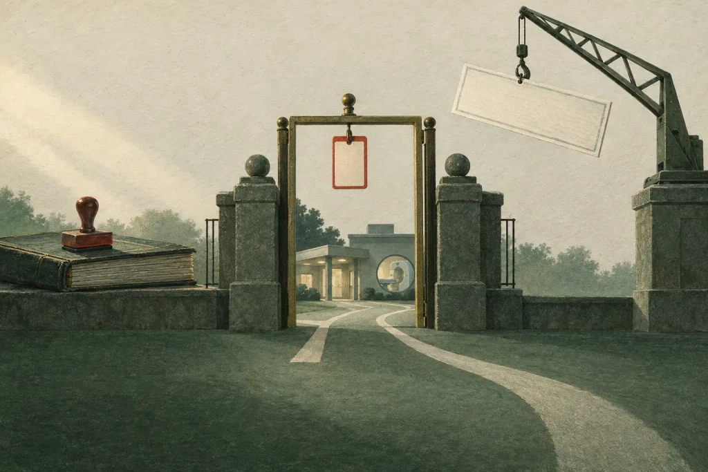 Illustration representing certificate-of-need laws, showing a winding path through a stone gate toward a clinic with an MRI scanner, flanked by a stamped ledger and a crane lifting a blank sign.