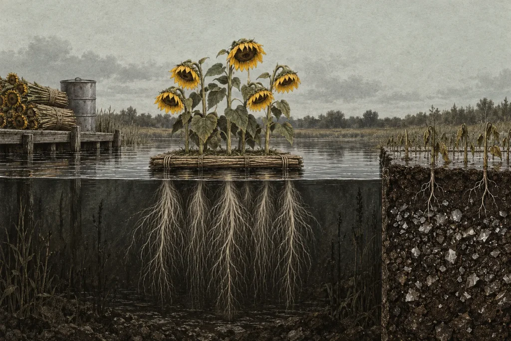 Illustration representing Chernobyl sunflower rafts: a floating raft holds five tall sunflowers whose roots dangle into dark water, while wilted plants and cracked soil appear on the right.
