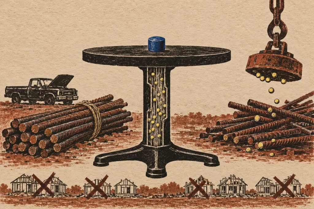 Illustration representing the Ciudad Juárez cobalt-60 incident, showing a pedestal table with a blue cylinder and yellow pellets, a crane magnet, bundled and scattered steel rods, a pickup truck, and crossed-out houses.