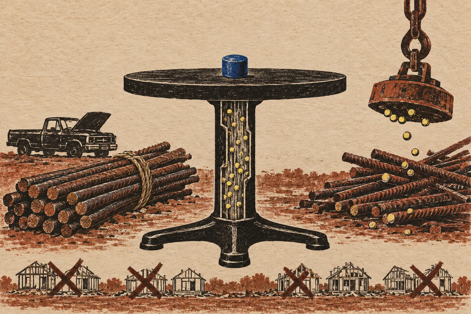 Illustration representing the Ciudad Juárez cobalt-60 incident, showing a pedestal table with a blue cylinder and yellow pellets, a crane magnet, bundled and scattered steel rods, a pickup truck, and crossed-out houses.