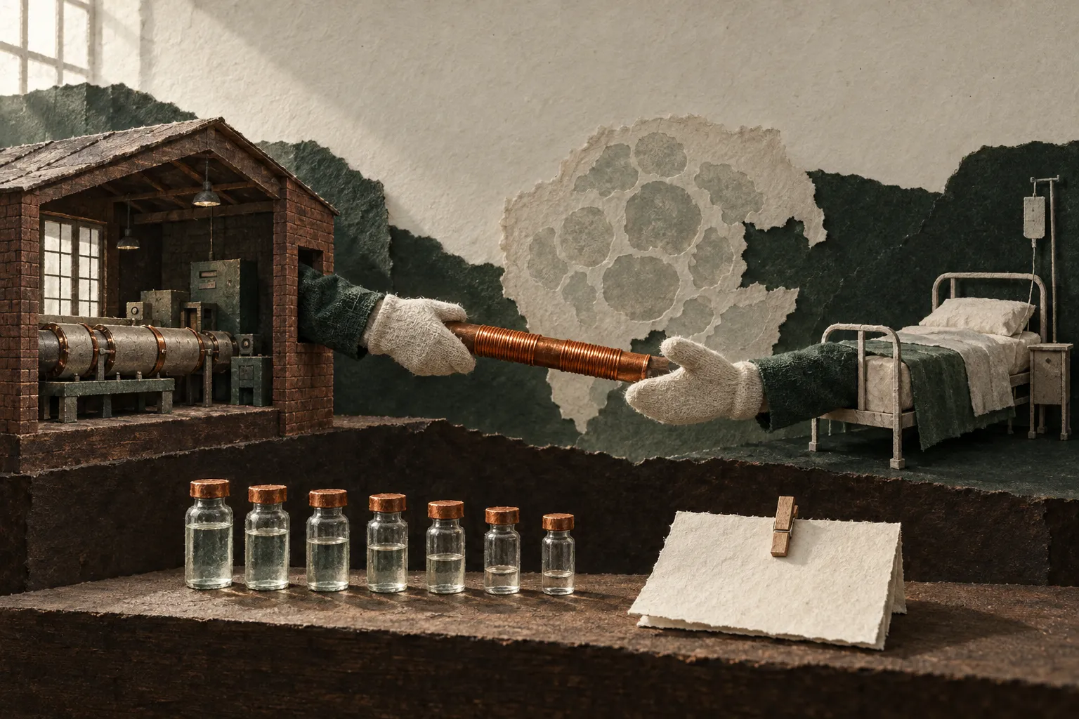 Illustration representing a copper-67 supply deal, showing a gloved hand passing a copper-wrapped cylinder from a brick facility to a hospital bed, with seven vials and a paper note on the table.