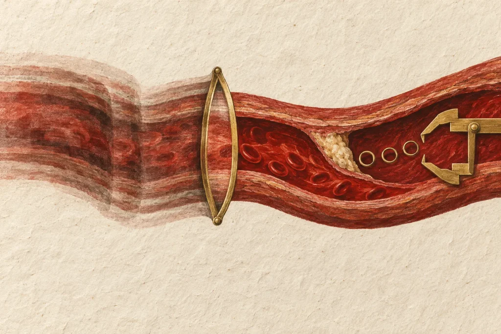 Illustration representing coronary CT motion correction, showing a cutaway artery with red blood cells and plaque, a blurred, streaked section on the left sharpening at a brass frame, and a brass caliper nearby.