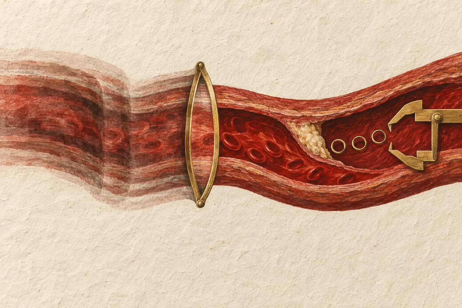 Illustration representing coronary CT motion correction, showing a cutaway artery with red blood cells and plaque, a blurred, streaked section on the left sharpening at a brass frame, and a brass caliper nearby.