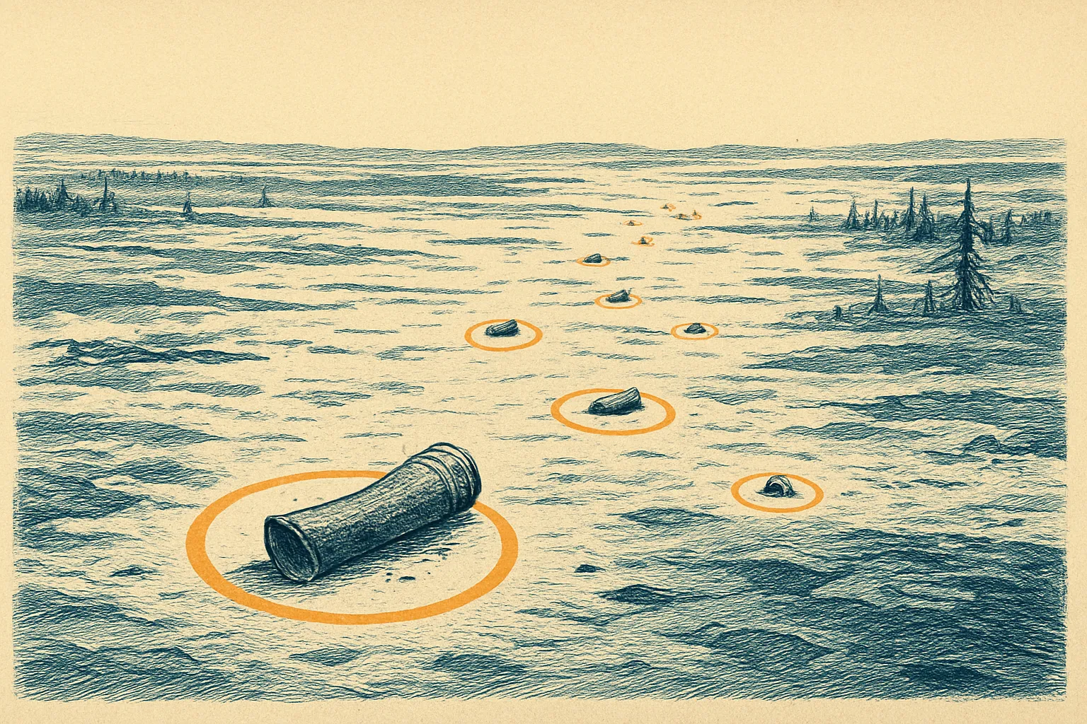 Illustration representing Cosmos 954, showing metal debris scattered in a line across a vast snowy plain, each piece marked by an orange circle.