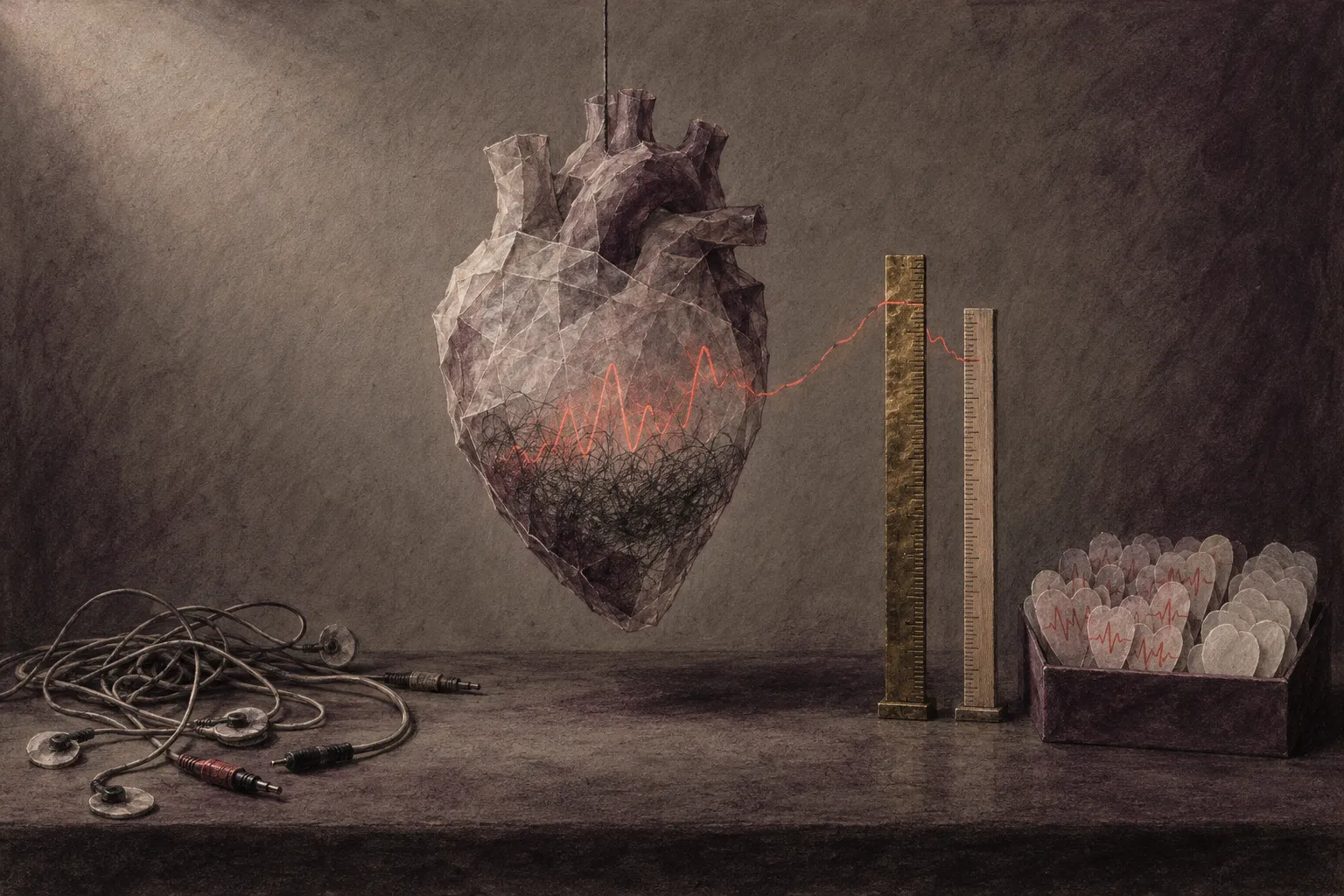 Illustration representing data-driven gating, showing a hanging paper-like heart with a red pulse line extending to two upright rulers, beside tangled electrode cables and a box of small heart cutouts.