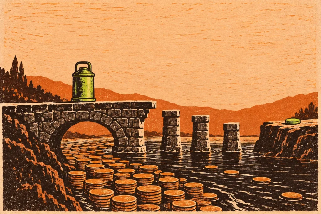 Illustration representing molybdenum-99, showing a green canister on a broken stone bridge whose missing spans are replaced by stacked coins in water, with a small green disc on the far cliff.