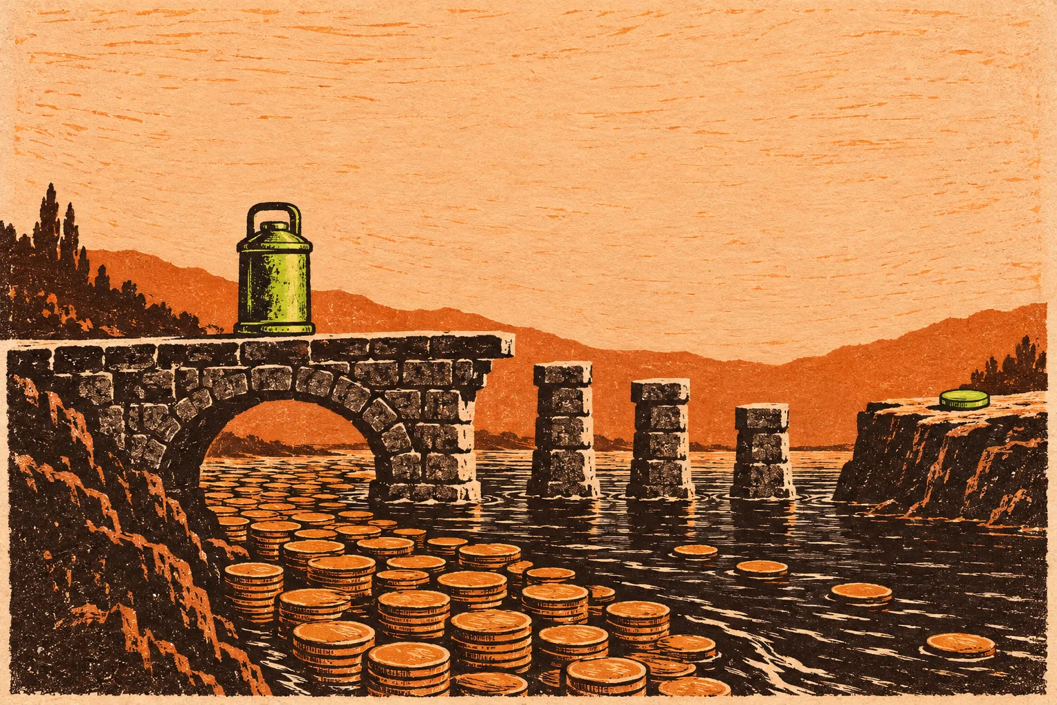 Illustration representing molybdenum-99, showing a green canister on a broken stone bridge whose missing spans are replaced by stacked coins in water, with a small green disc on the far cliff.