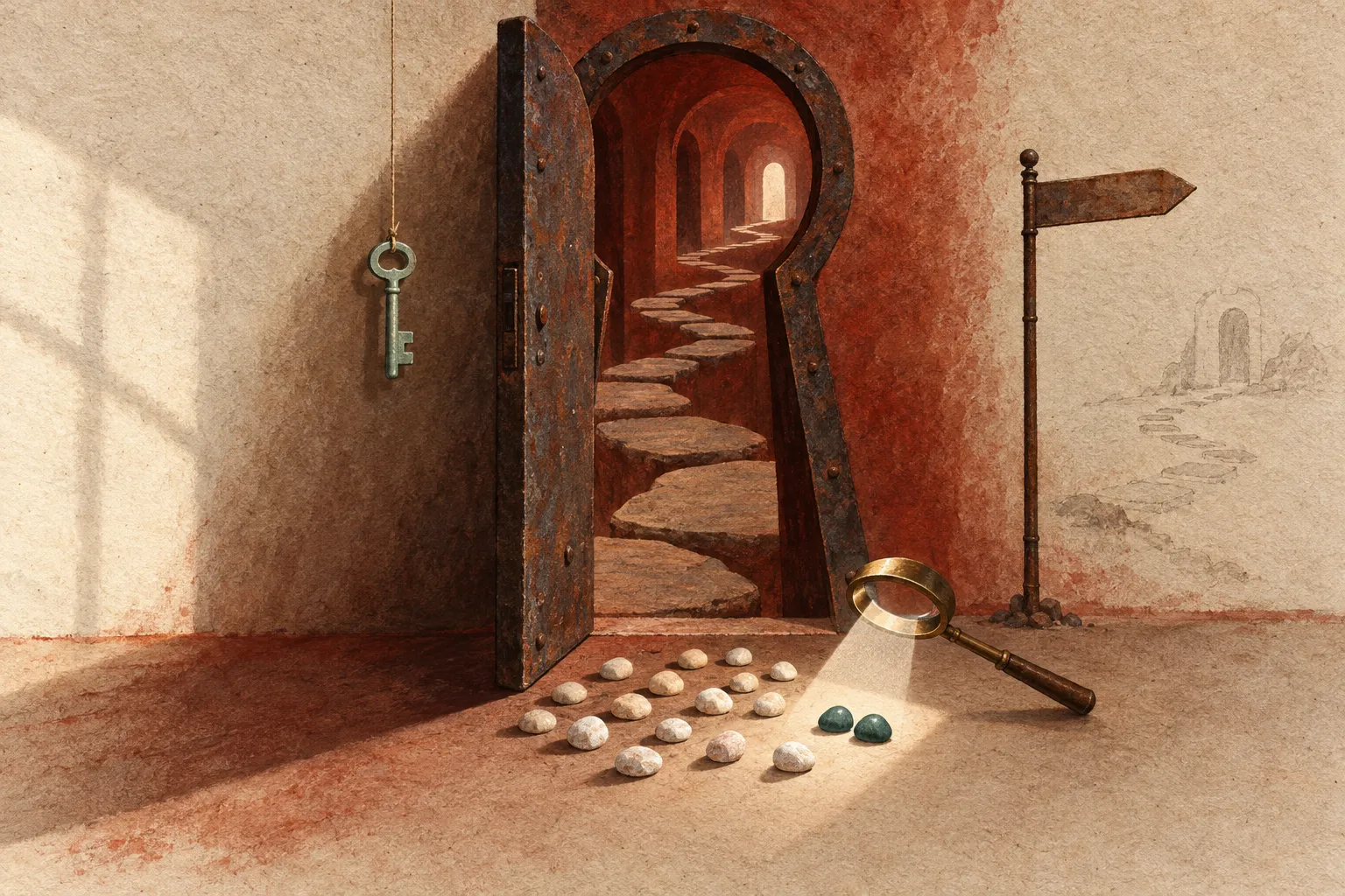 Illustration representing maraciclatide, showing a rusty keyhole-shaped door opening onto a stepping-stone path, with a hanging key, a magnifying glass highlighting two green stones among pale pebbles, and a signpost.