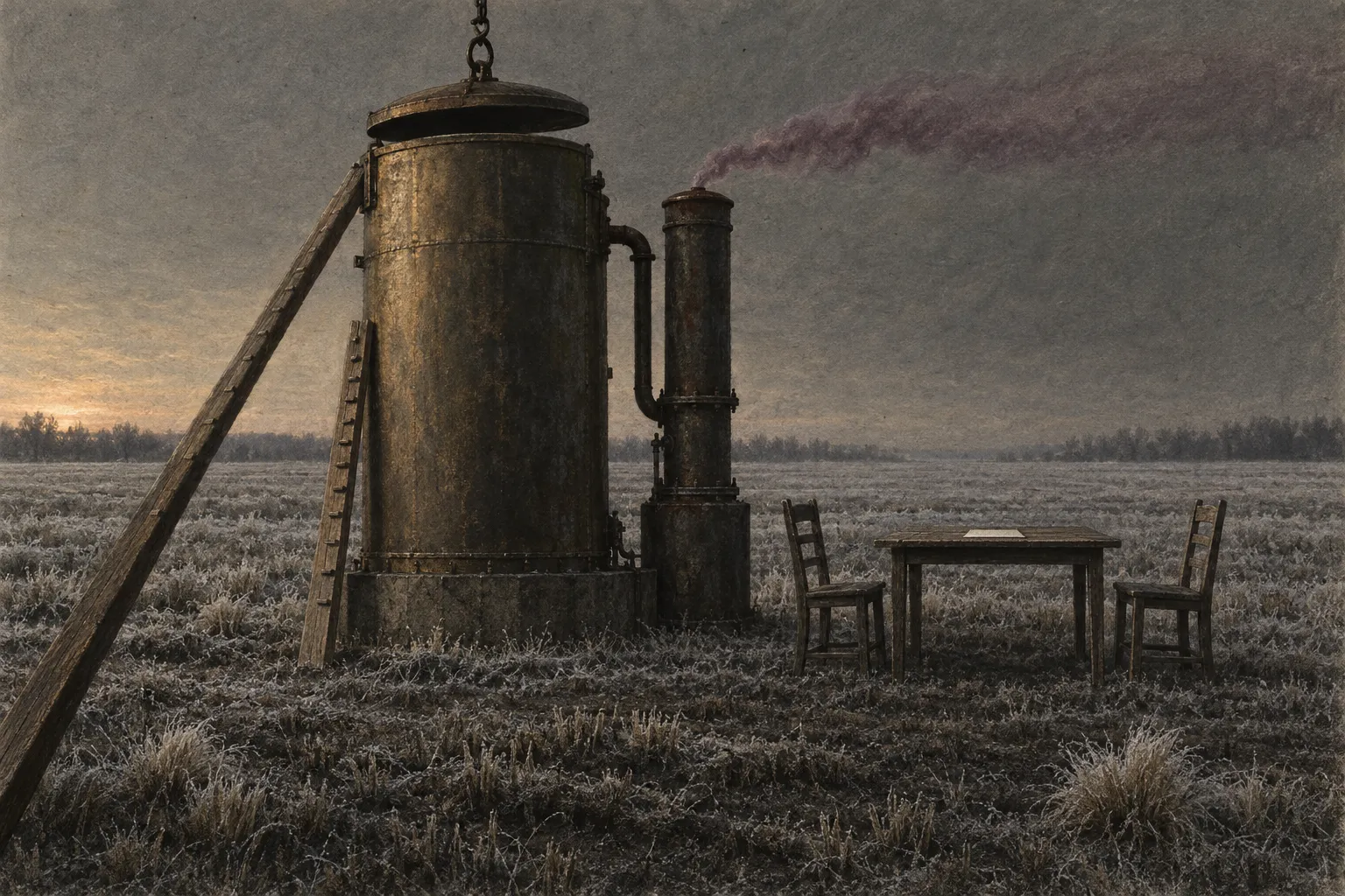 Illustration representing Green Run, showing a large rusted metal tank with a short pipe-linked stack releasing purple smoke beside an empty table and two chairs in a frosty field at dusk.