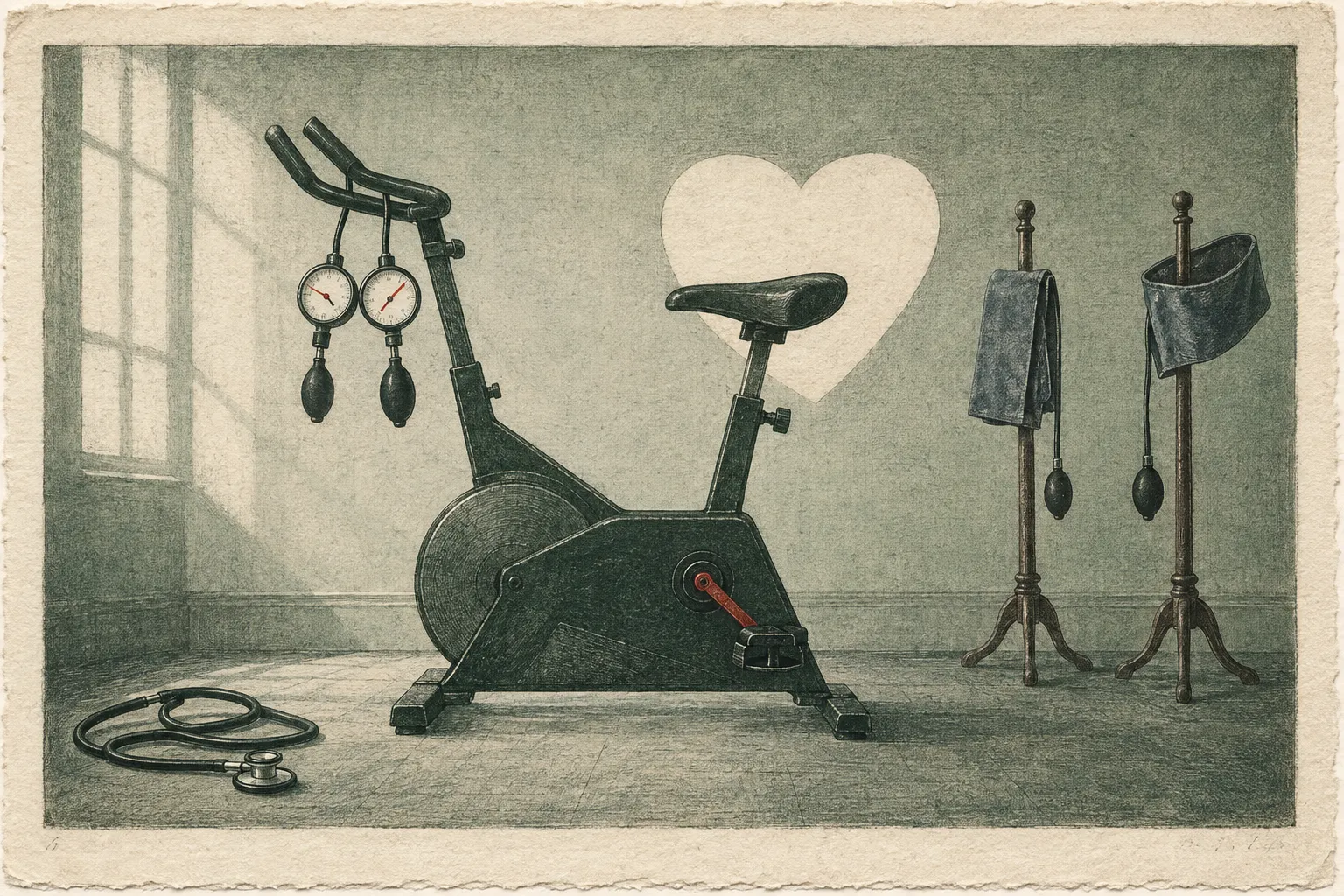Illustration representing hemodynamic gain index, showing an exercise bike with two blood pressure gauges hanging from its handlebars, a glowing heart behind it, and a stethoscope on the floor.