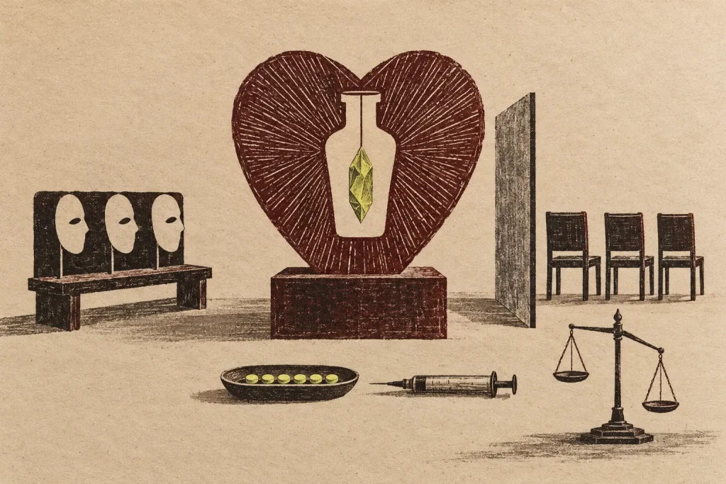Illustration representing iodine-124 evuzamitide PET, showing a large red heart with radiating lines framing a glowing green crystal inside a vessel, beside a syringe, pills, a balance scale, and empty chairs.