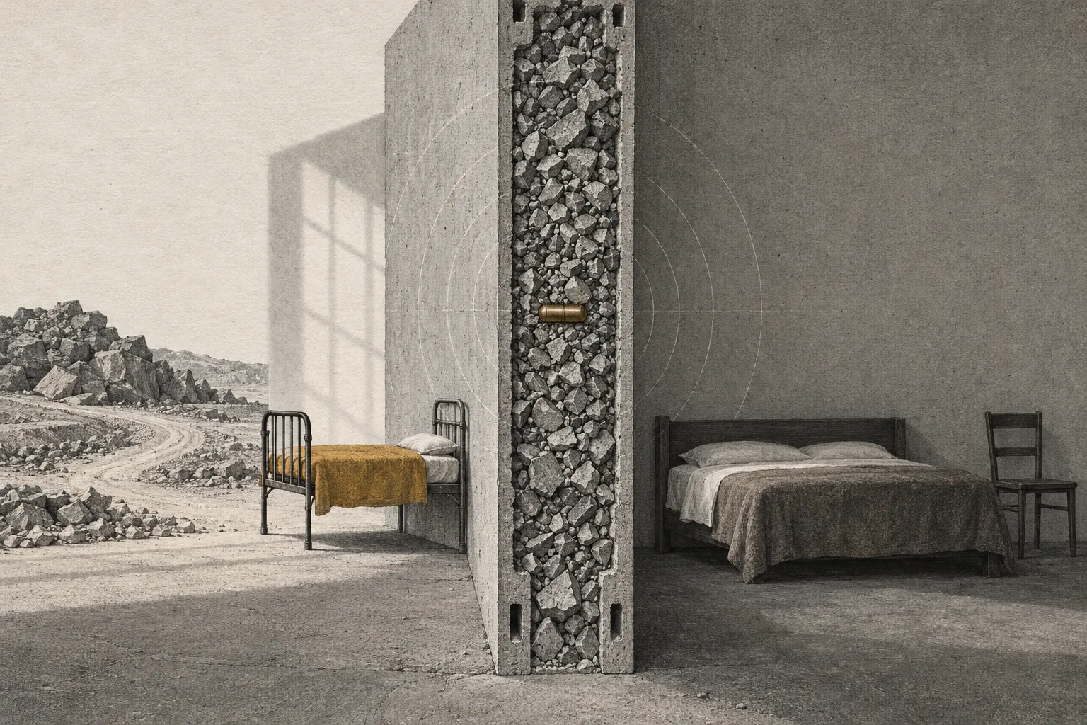 Illustration representing the Kramatorsk radiological accident, showing a concrete wall filled with rubble and a small brass capsule, separating a double bed in a room from a single iron bed beside a rocky landscape.