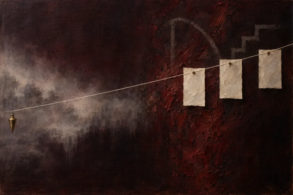 Illustration representing the linear no-threshold model, showing a taut string rising from a brass plumb bob in gray haze toward three blank pale cards pinned against textured dark red paint.
