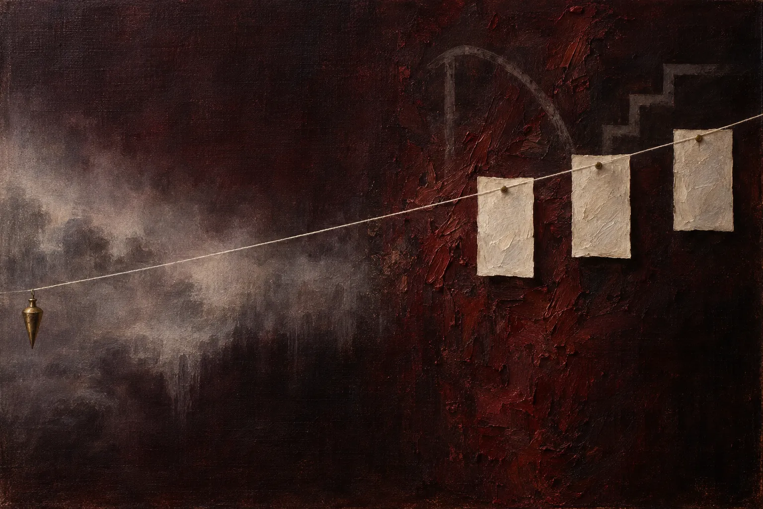 Illustration representing the linear no-threshold model, showing a taut string rising from a brass plumb bob in gray haze toward three blank pale cards pinned against textured dark red paint.
