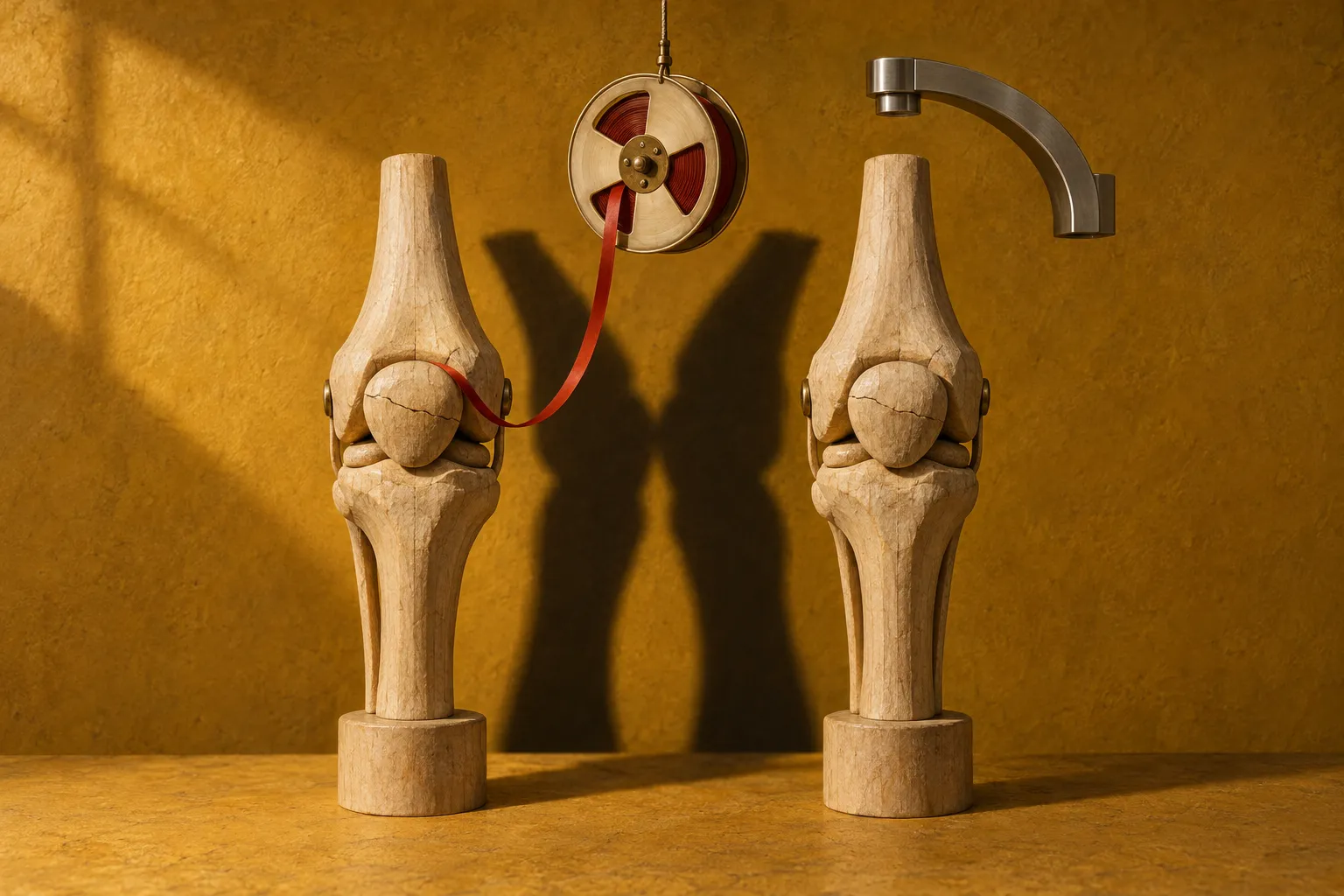 Illustration representing low-dose radiation therapy, showing two stone-like knee joint sculptures on a golden background, with a hanging reel unspooling a red ribbon toward the left knee and a metal faucet nearby.