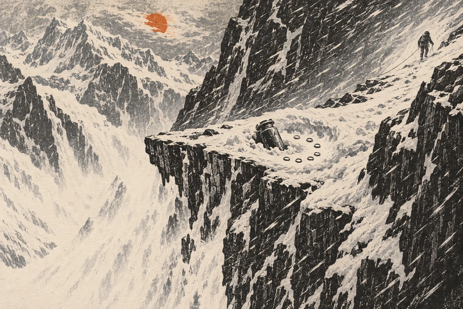 Illustration representing the Nanda Devi nuclear device, showing a canister half-buried in snow on a rocky ledge, ringed by small circles, while a distant climber on a rope crosses a stormy slope.