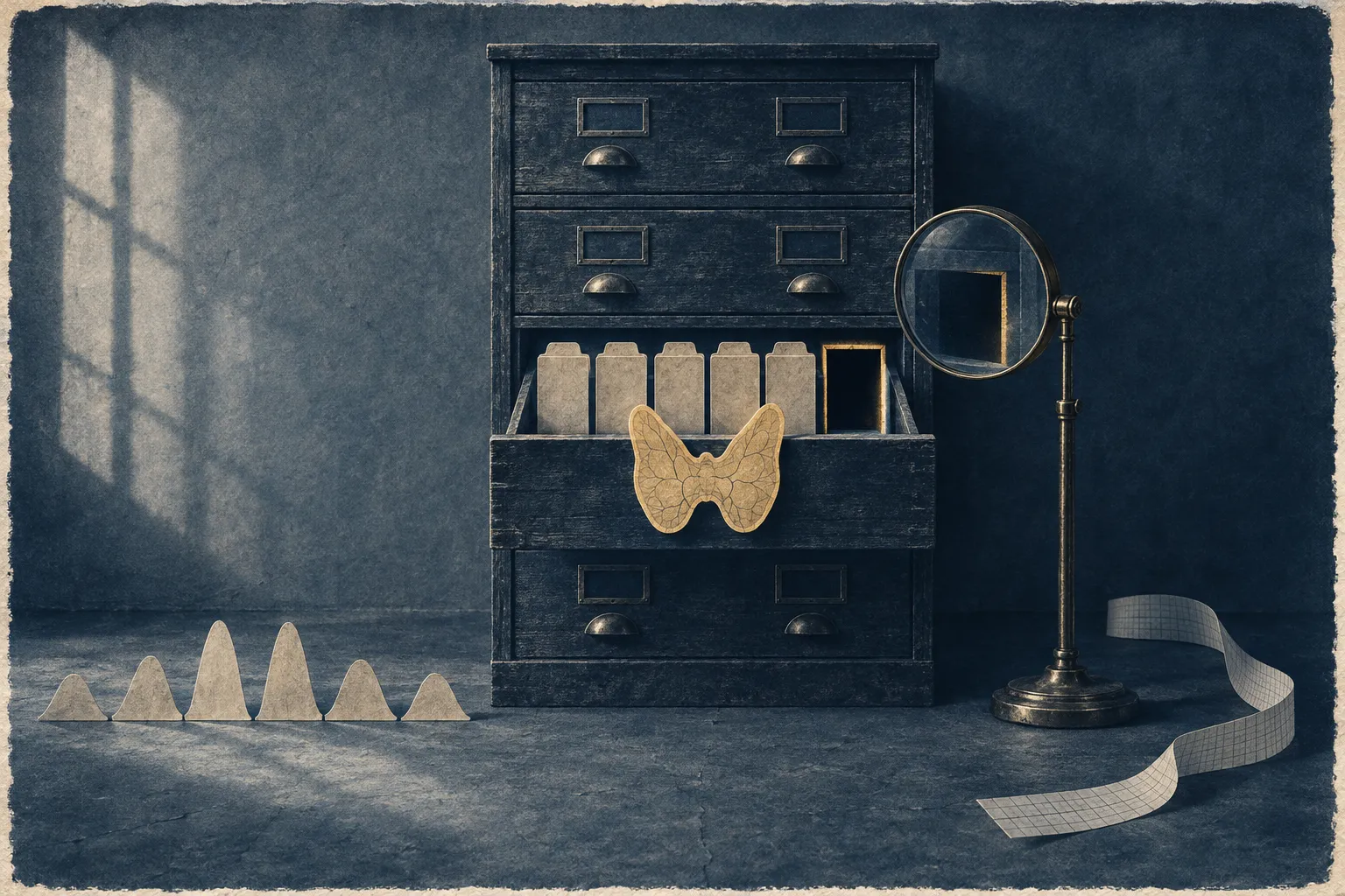Illustration representing northeast Georgia thyroid cancer: a dark wooden filing cabinet with an open drawer holding a golden thyroid-shaped cutout, beside a standing magnifying mirror and rows of paper bell curves.