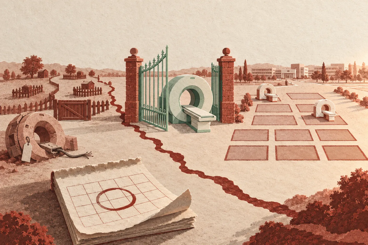 Illustration representing November 21, showing a red path linking a broken scanner and fenced rural homes to an open gate, a scanner, and a modern campus, with a circled calendar page in front.
