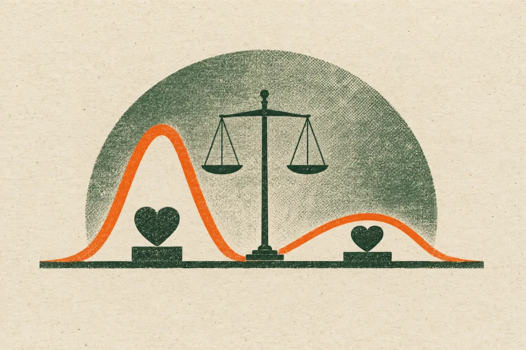 Illustration representing heart rate response, showing a balance scale at center between an orange curve with a tall peak on the left and a lower, wider peak on the right, each above a small heart.