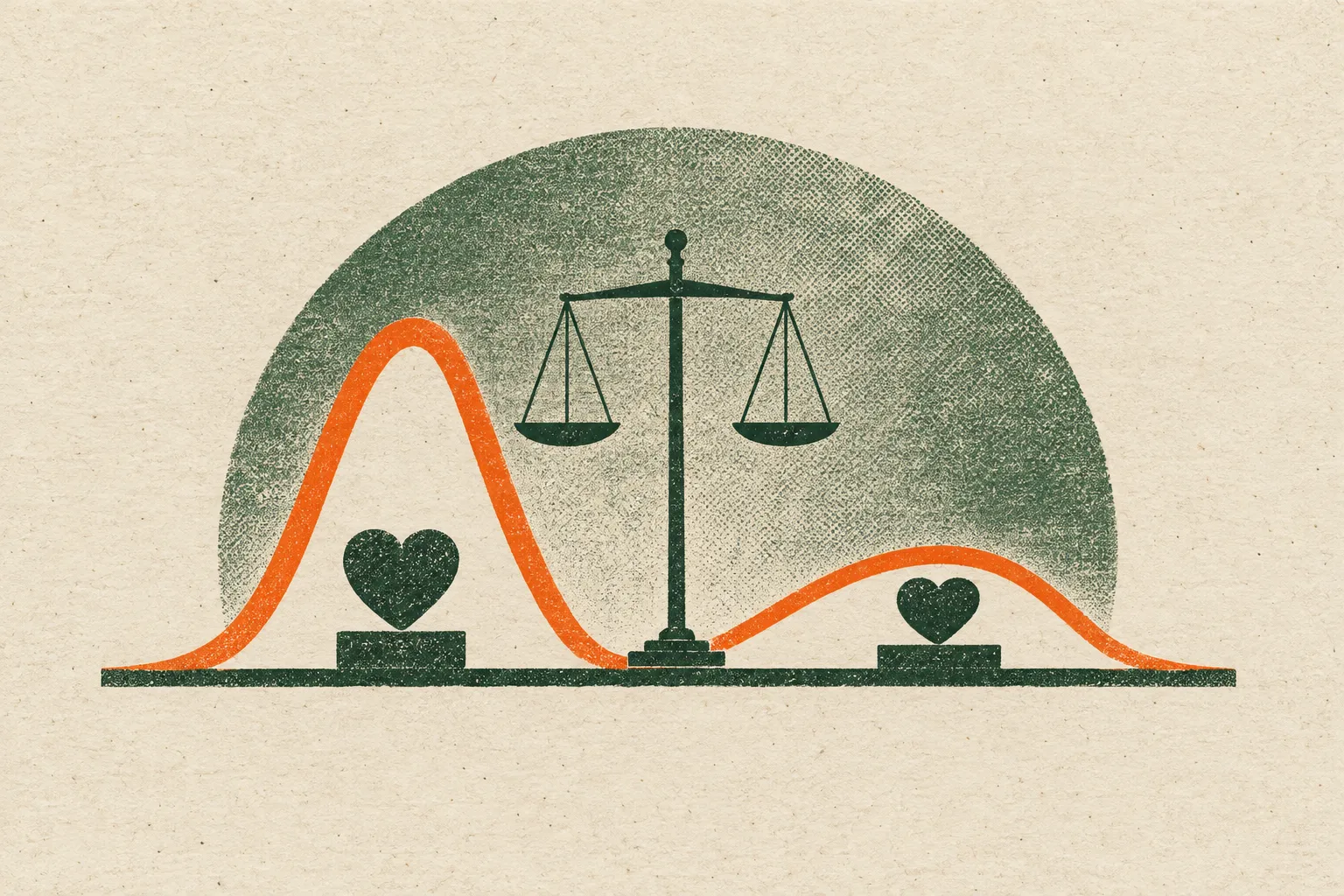 Illustration representing heart rate response, showing a balance scale at center between an orange curve with a tall peak on the left and a lower, wider peak on the right, each above a small heart.