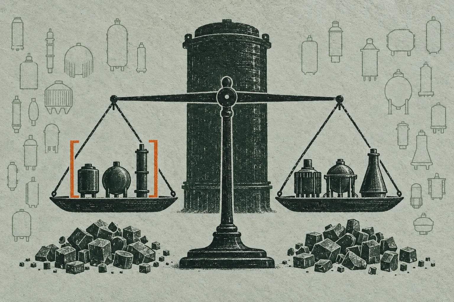 Illustration representing small modular reactors nuclear waste, showing a balance scale holding small vessel shapes in each pan before a large cylinder, with rubble piles below and outlined reactor-like shapes behind.