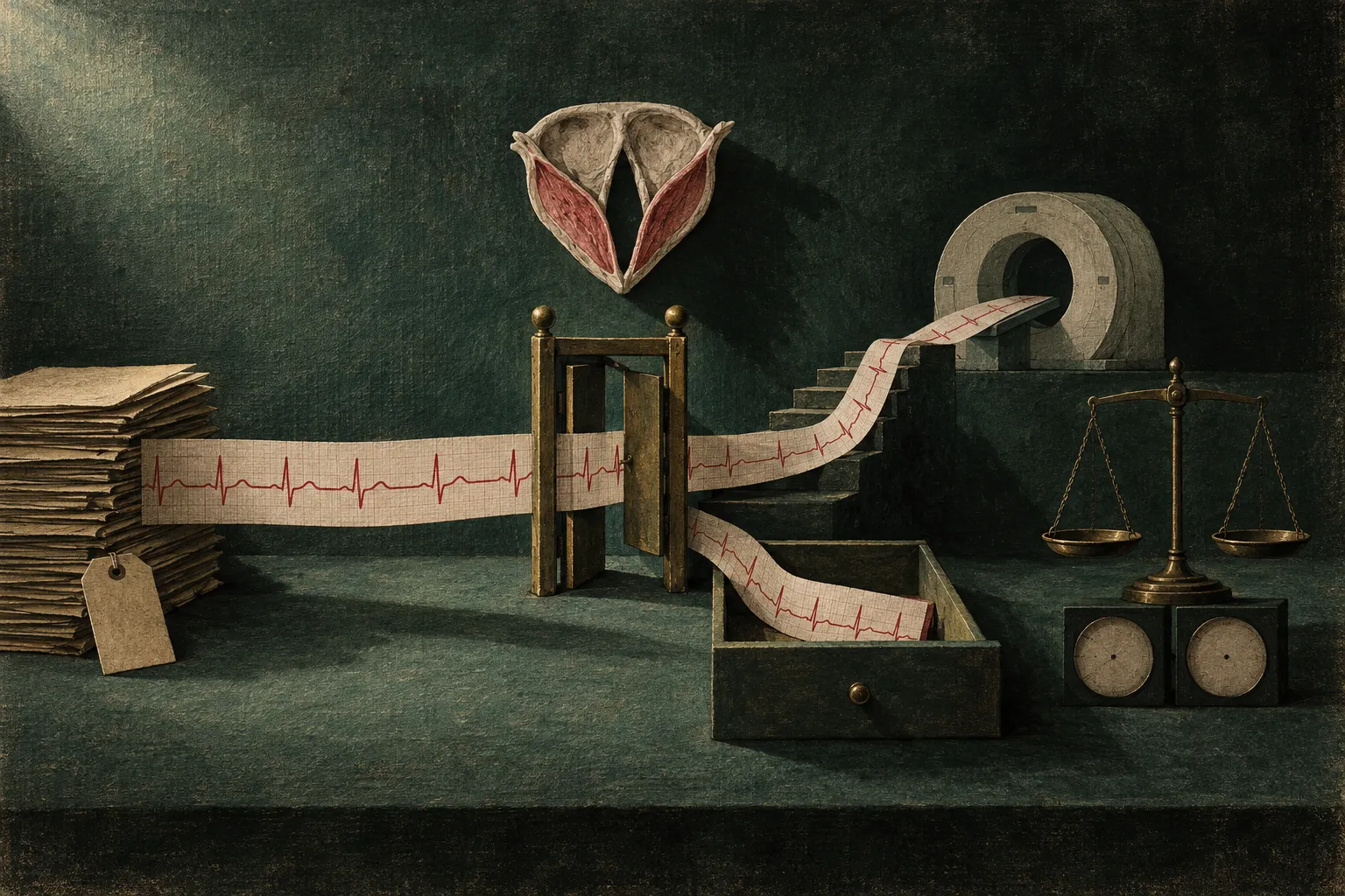 Illustration representing Tempus ECG-MR, showing a long red heartbeat trace unspooling across a dim stage past a stack of papers, a half-open drawer, a balance scale, and a heart-shaped anatomical form.