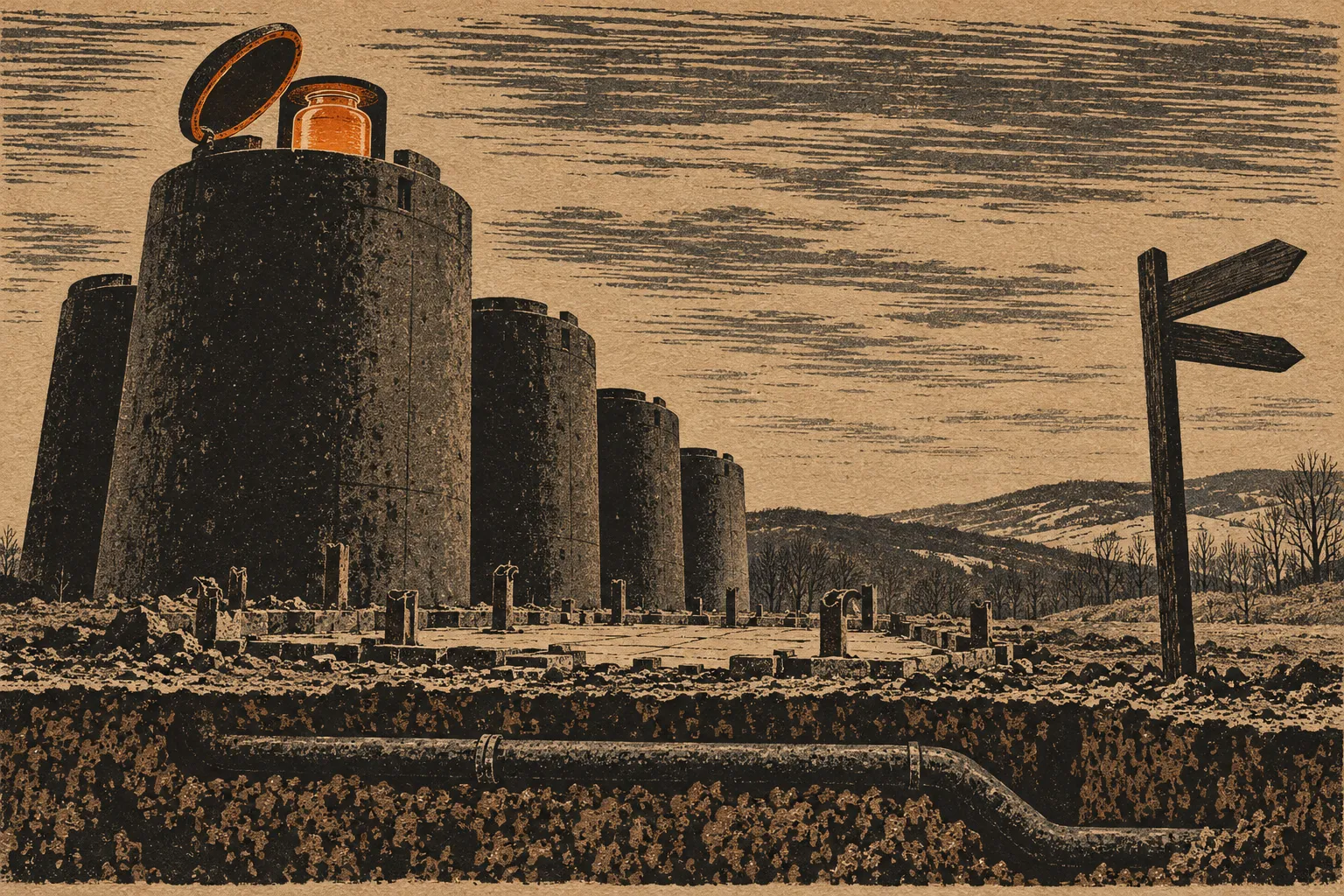 Woodcut-style illustration representing the West Valley reprocessing plant, showing a row of dark cylindrical tanks with one lid open and a glowing orange vial inside, above a buried pipe and a wooden signpost.